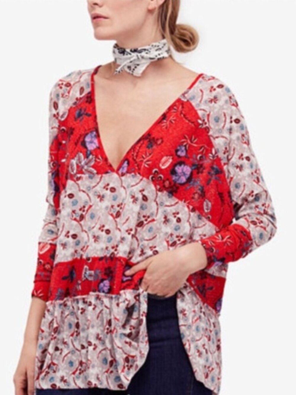 NWT FREE PEOPLE Isabelle Red Floral V-Neck Tunic Top sz M